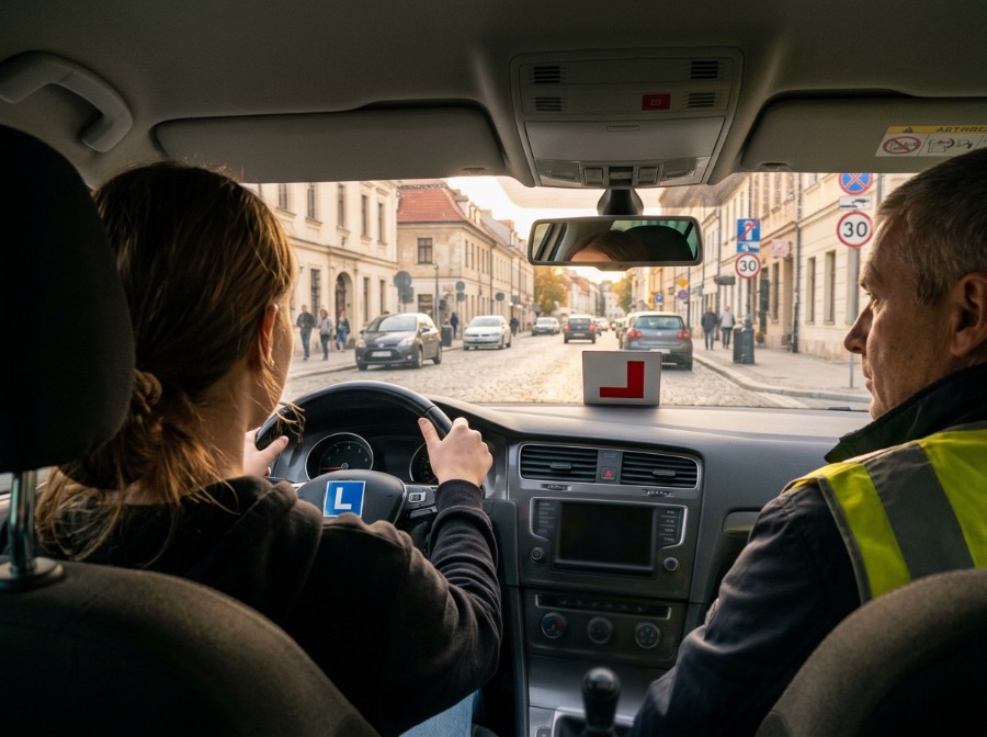 Mokinė vairuoja mieste, instruktorius stebi iš keleivio pusės