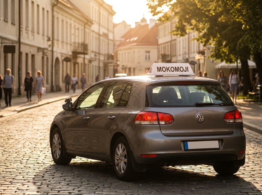 Mokomasis automobilis su MOKOMOJI ženklu Vilniaus senamiesčio gatvėje